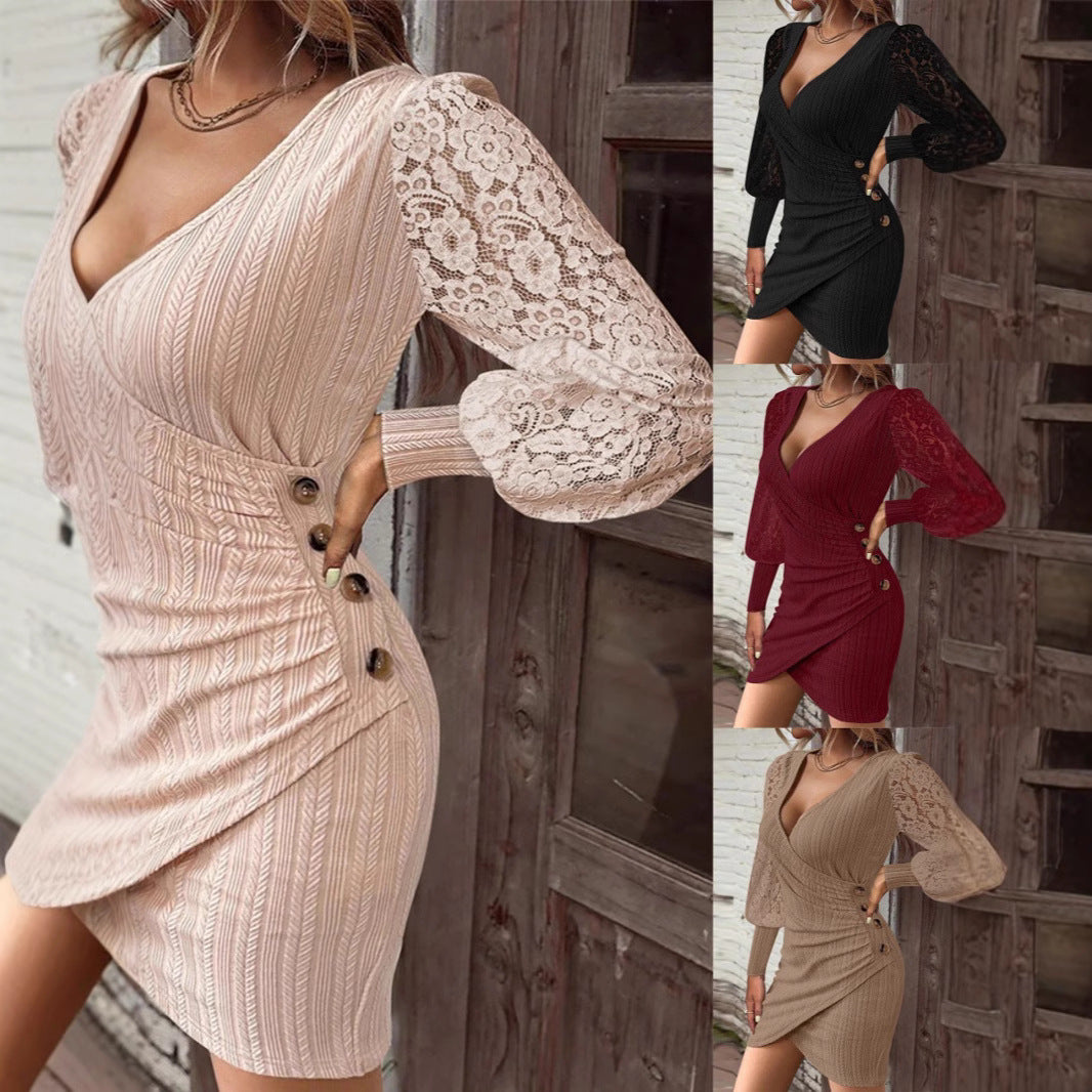 Damen Mini-Wickelkleid mit Spitzenärmeln und dekorativen Knöpfen Drune