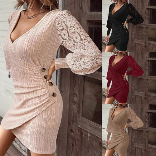 Damen Mini-Wickelkleid mit Spitzenärmeln und dekorativen Knöpfen Drune