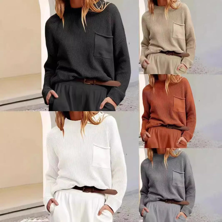 Damen Strickpullover mit hohem Kragen und Brusttasche Drune