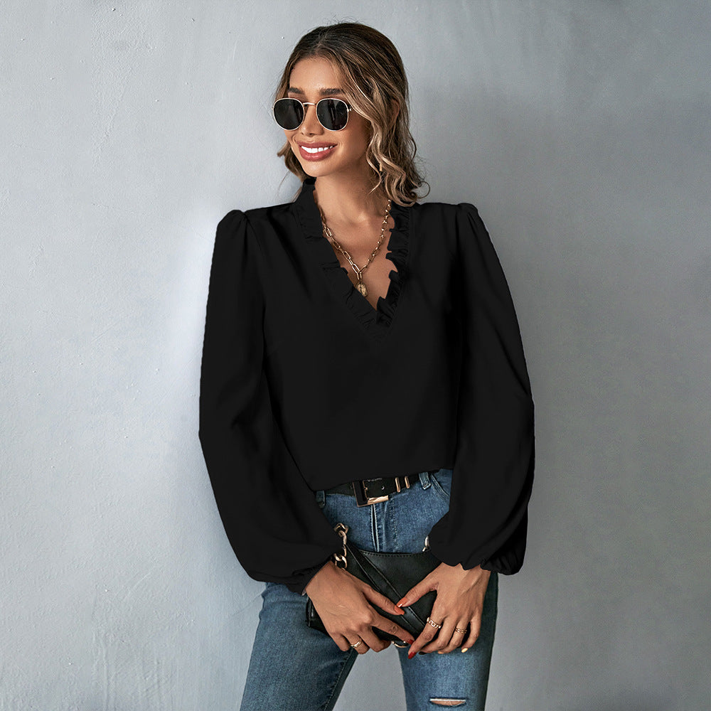Damen Bluse mit Rüschendetails und voluminösen Ärmeln Drune