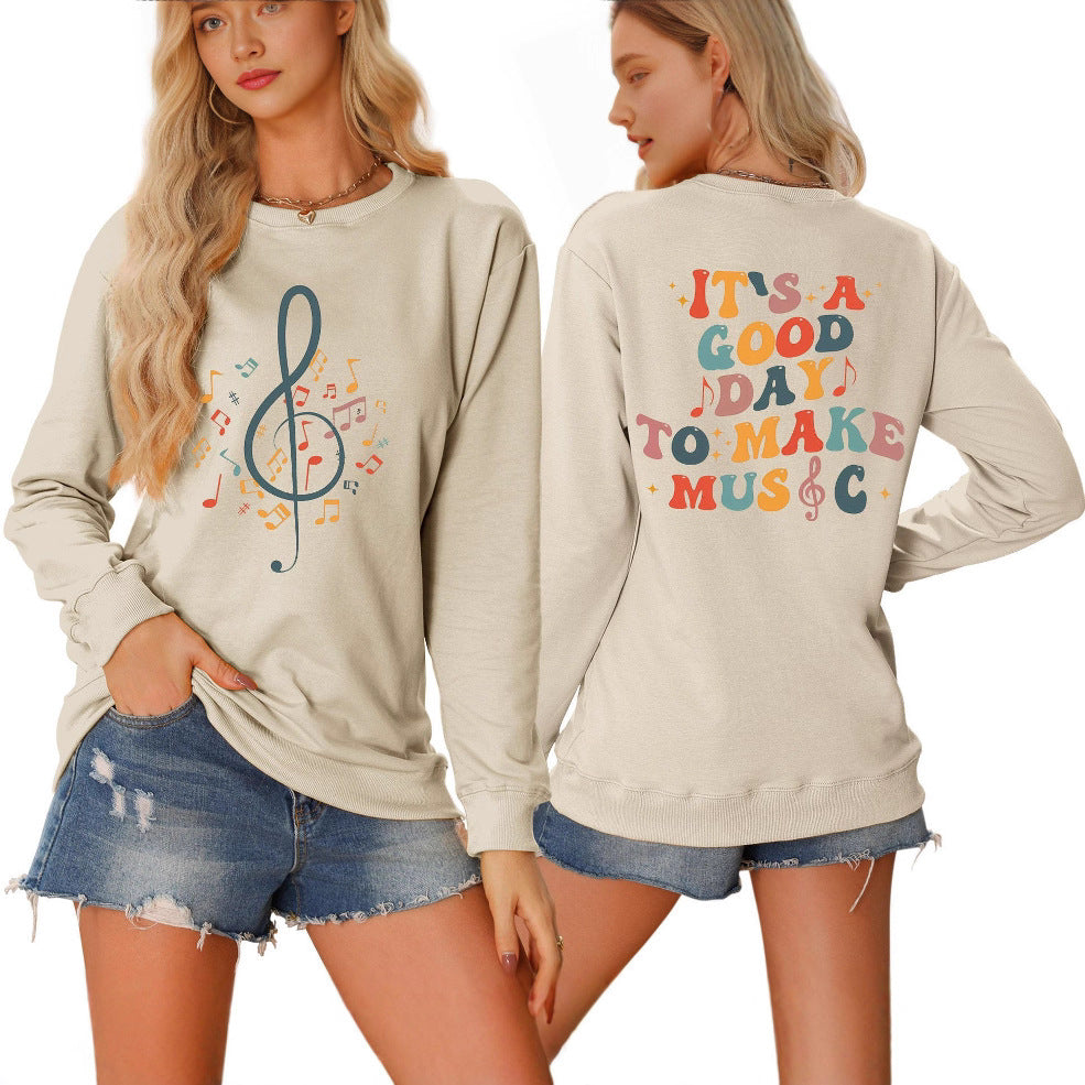 Damen Sweatshirt mit musikalischem Motiv und kreativem Schriftzug Drune
