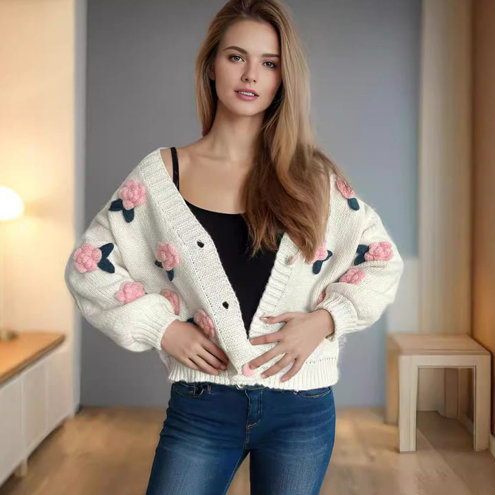 Damen kuschelige Strickjacke mit floralem 3D-Design und großen Knöpfen Drune