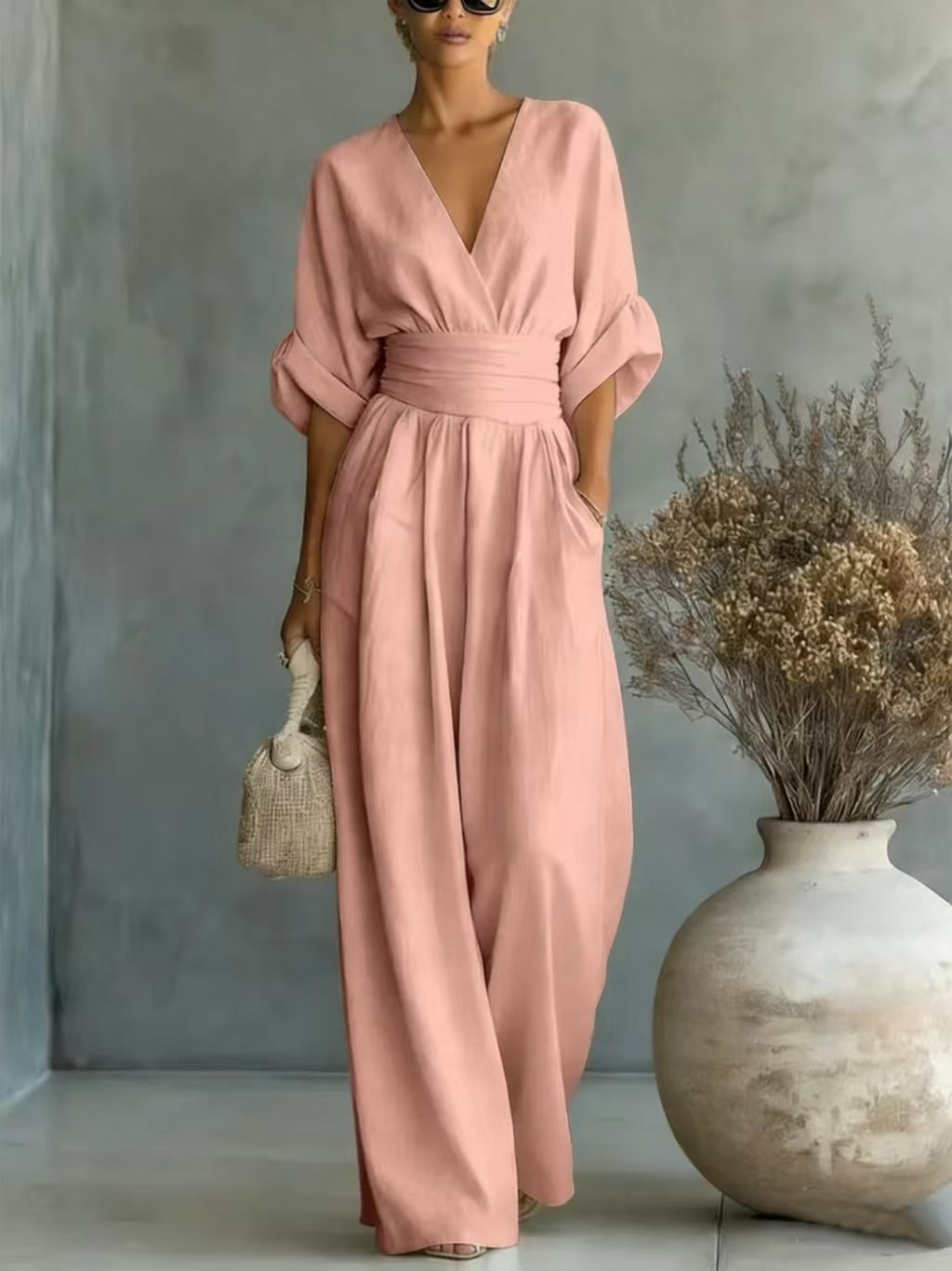 Damen Jumpsuit mit elegantem V-Ausschnitt und weitem Bein Drune