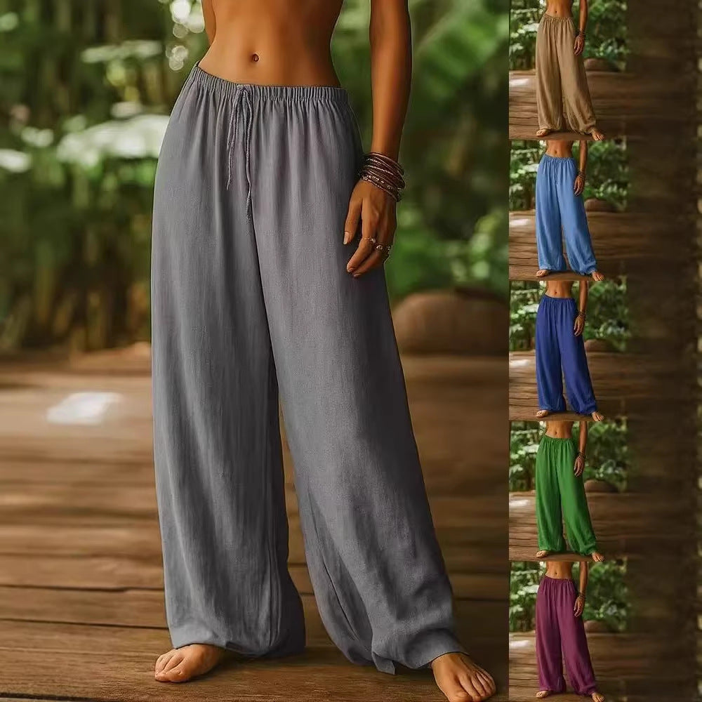 Damen Weit geschnittene Sommer-Hose mit elastischem Bund und Kordelzug Drune