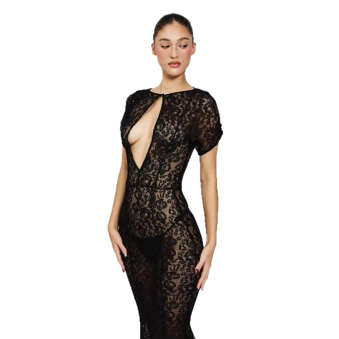 Damen Spitzenkleid mit tiefem Ausschnitt und ausgestelltem Schnitt Drune