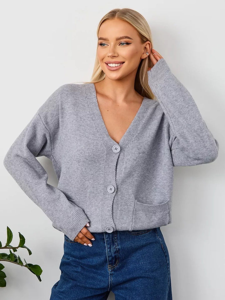 Damen lässiger Strickcardigan mit V-Ausschnitt und praktischen Taschen Drune