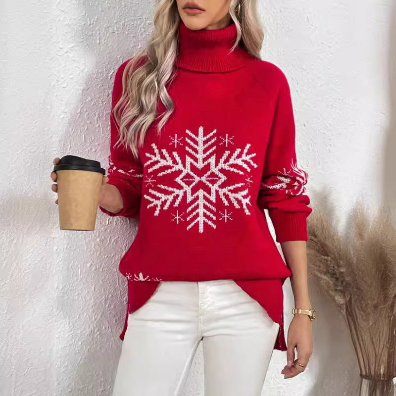 Damen Strickpullover mit hohem Kragen und festlichem Schneeflocken-Motiv Drune