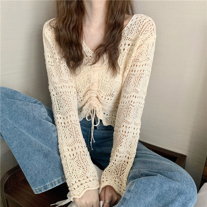 Damen luftiger Strickpullover mit Drop-Shoulder-Design und Kordelzug Drune
