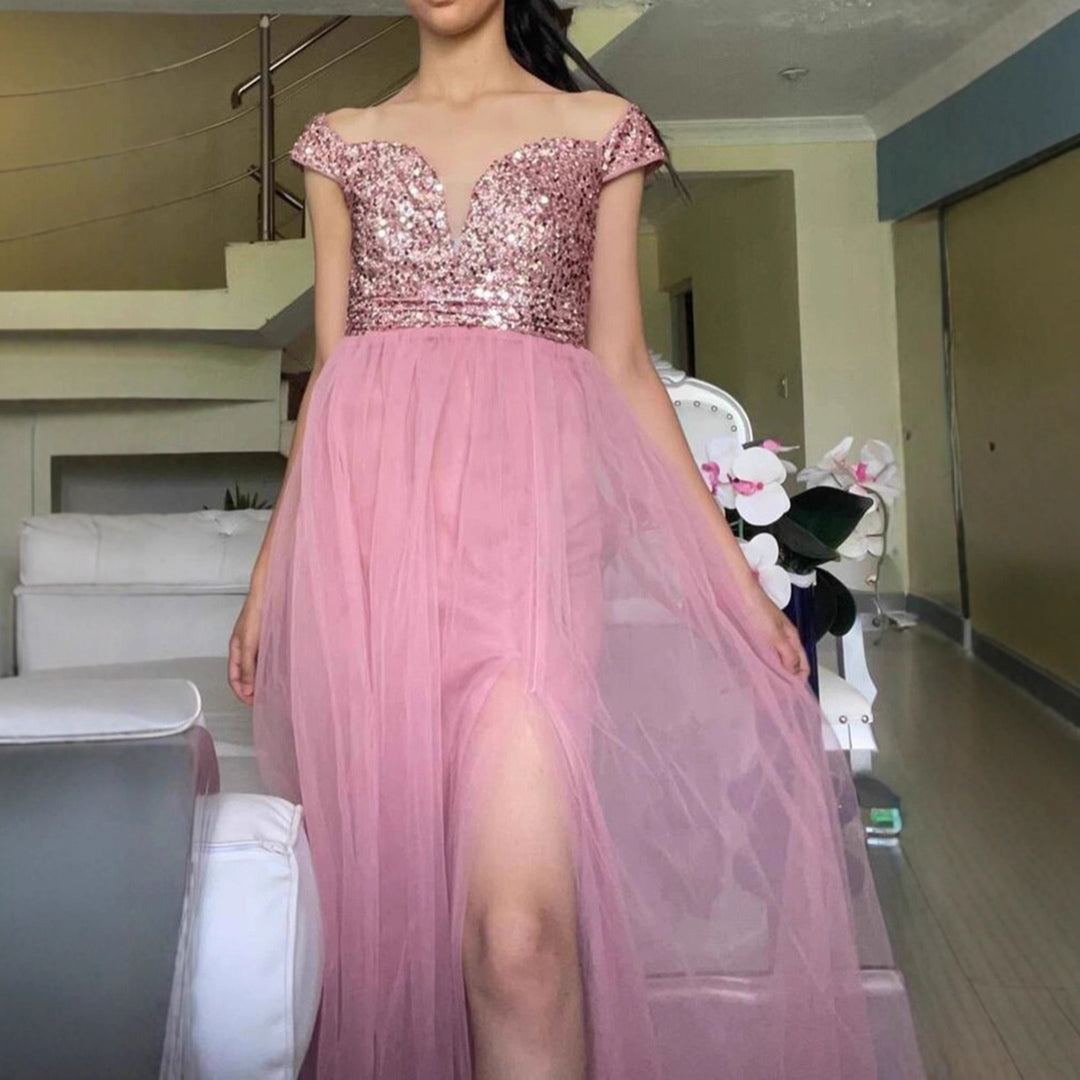 Damen Elegantes Abendkleid mit schulterfreier Optik und funkelnden Verzierungen Drune