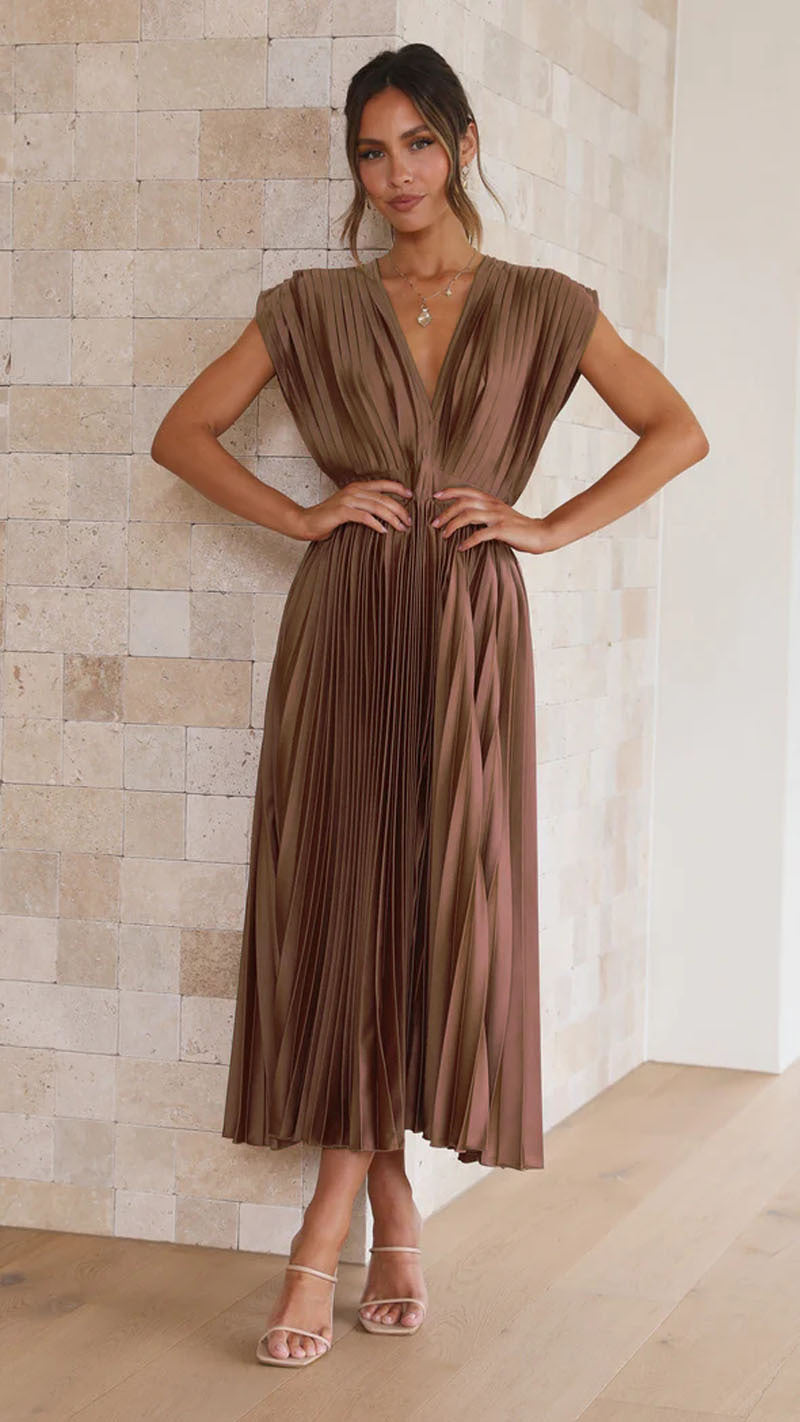 Damen Plissiertes Maxikleid mit tiefem V-Ausschnitt und fließendem Schnitt Drune
