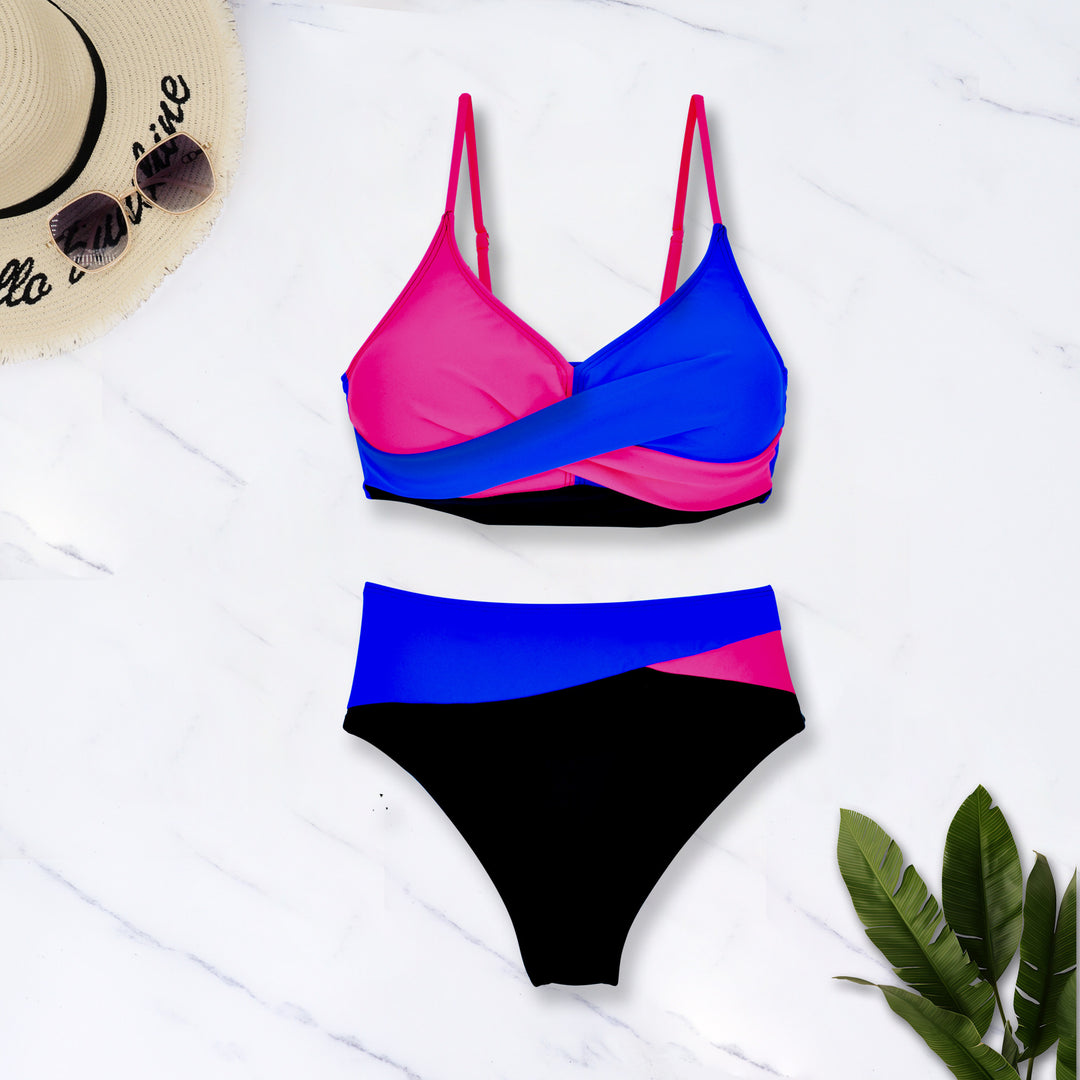 Damen Bunt gemusterter Bikini mit crossed Design und hohem Bund Drune