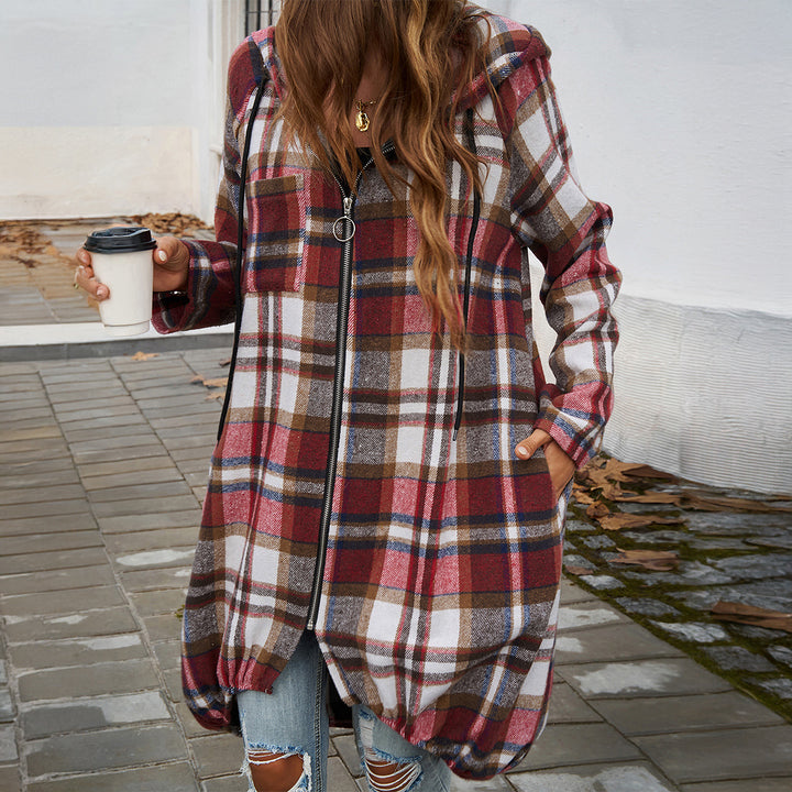 Damen Karierte Longjacke mit Kapuze und Taschen Drune