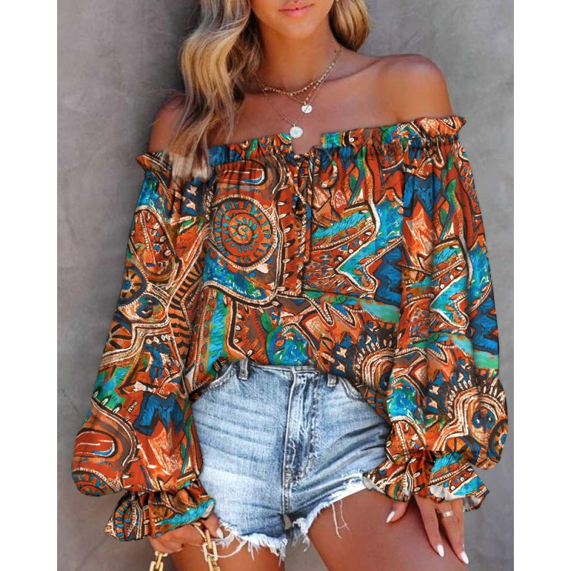 Damen Off-Shoulder Bluse mit buntem Muster und elastischem Saum Drune