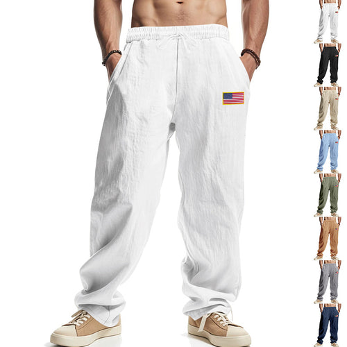 Herren nan lockere Baumwoll-Leinen Freizeithose mit elastischem Bund Kordelzug und dezenter Flaggen-Applikation Drune