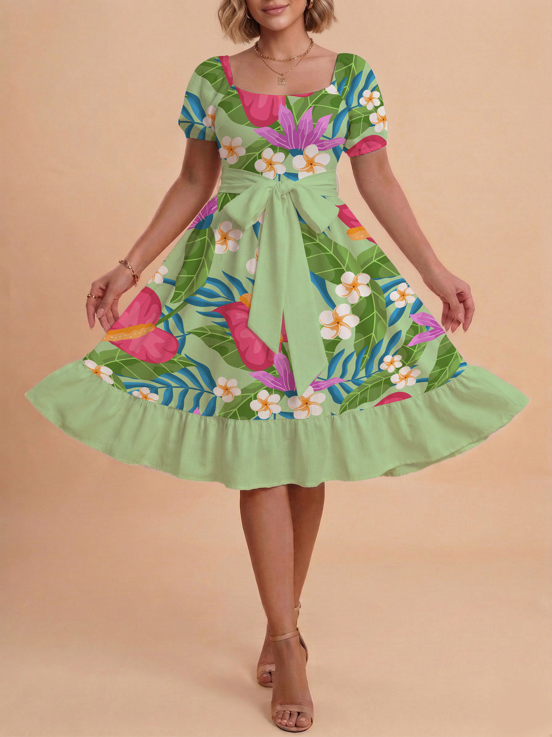 Damen A-Linien-Kleid mit floralen Motiven und taillierbarem Gürtel Drune