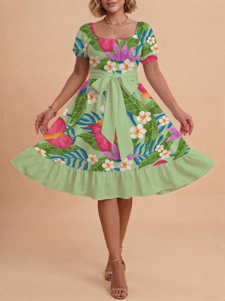 Damen A-Linien-Kleid mit floralen Motiven und taillierbarem Gürtel Drune
