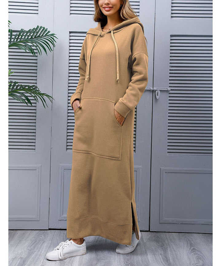 Damen nan langes Kapuzen-Sweatkleid mit Kängurutasche, Seitenschlitzen und lockerer Oversize-Passform Drune