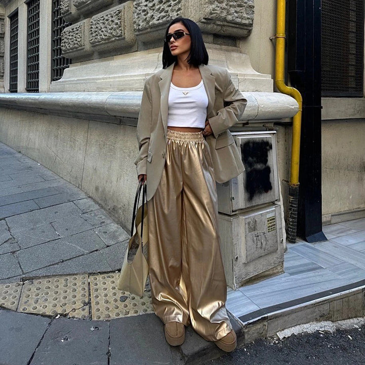 Damen Elegante Lederhose mit weitem Schnitt und elastischem Bund Drune