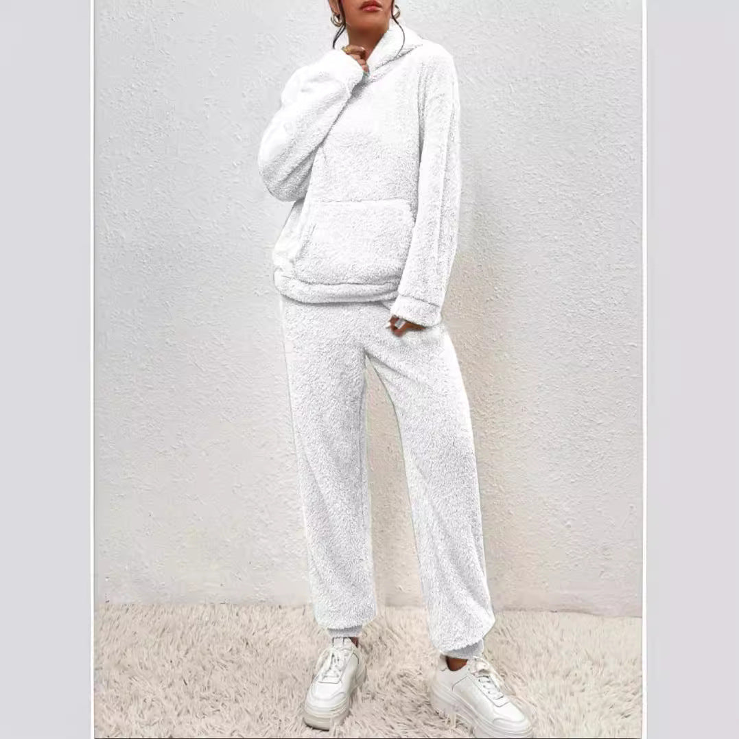 Damen nan kuscheliges Teddy-Fleece Hausanzug-Set mit Kapuze, Kängurutasche und elastischer Jogginghose Drune