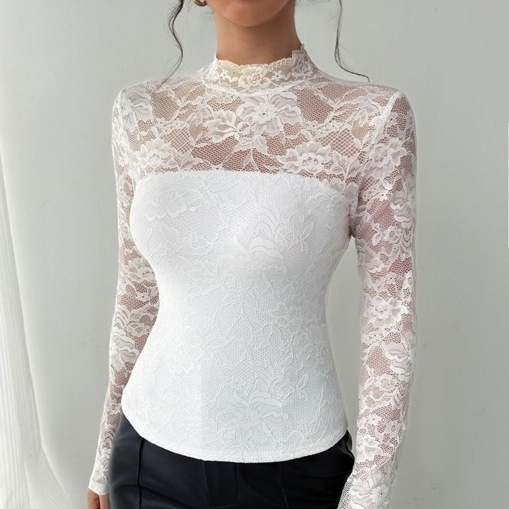 Damen Spitzenbody mit elegantem Stehkragen und langem Arm Drune