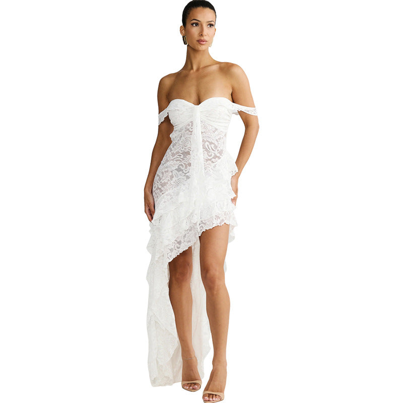 Damen asymmetrisches Spitzenkleid mit Rüschendetails Drune
