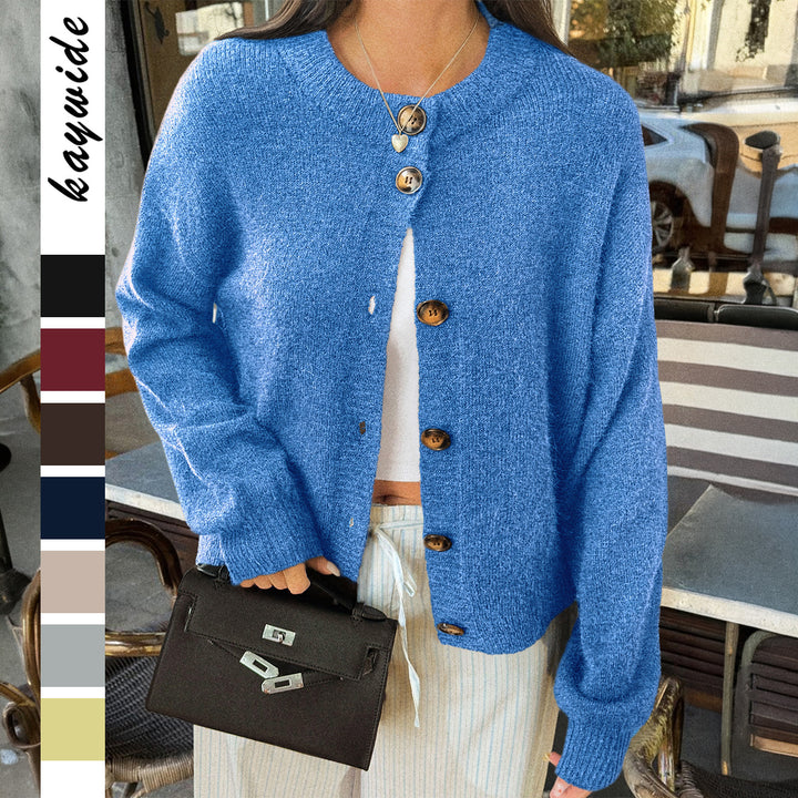 Damen nan kuscheliger Oversize-Strickcardigan mit Hornknopf-Leiste und Rundhalsausschnitt Drune