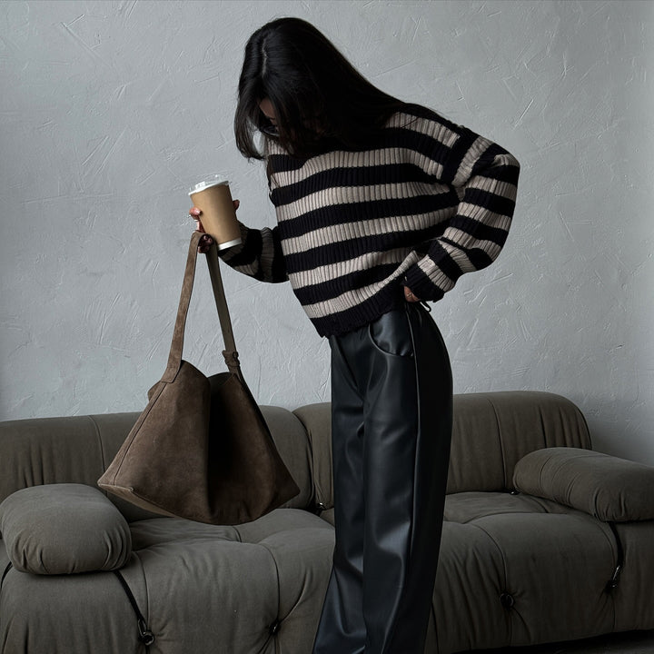 Damen modischer Oversized Pullover mit Streifenmuster Drune