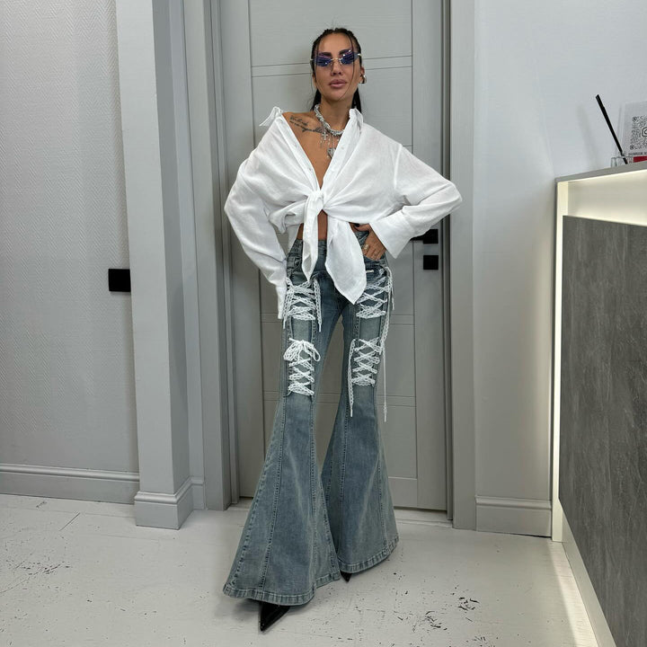 Damen Flared Jeans mit raffiniertem Schnür-Design Drune
