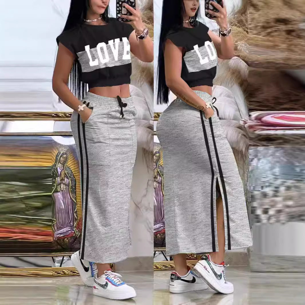 Damen Sportliches Crop-Top und Maxirock Set Drune