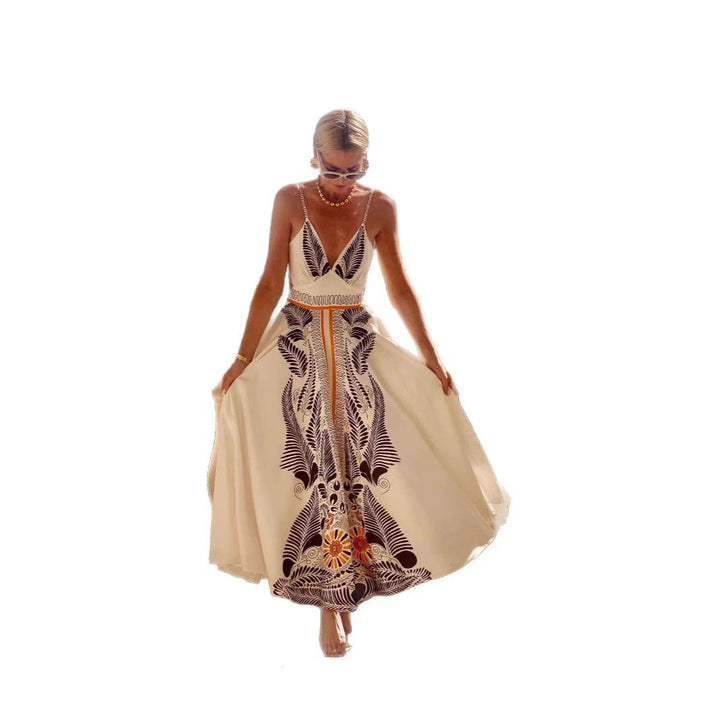 Damen elegantes Sommermaxikleid mit kunstvollem Blattmuster Drune