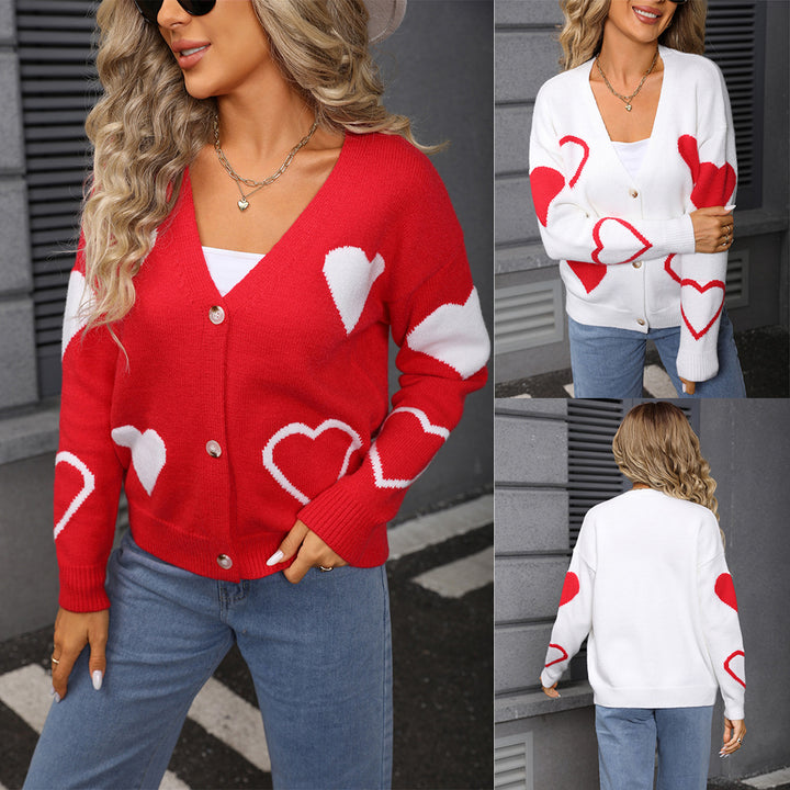 Damen Strickjacke mit Herzmuster und Knopfverschluss Drune