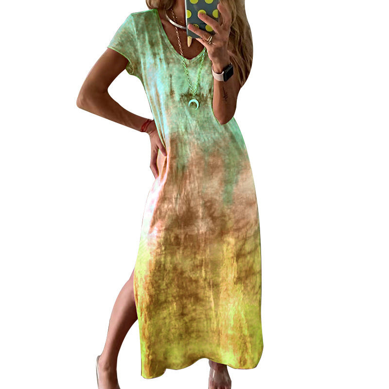 Damen Langarm-Maxikleid mit modernem Tie-Dye-Muster und V-Ausschnitt Drune