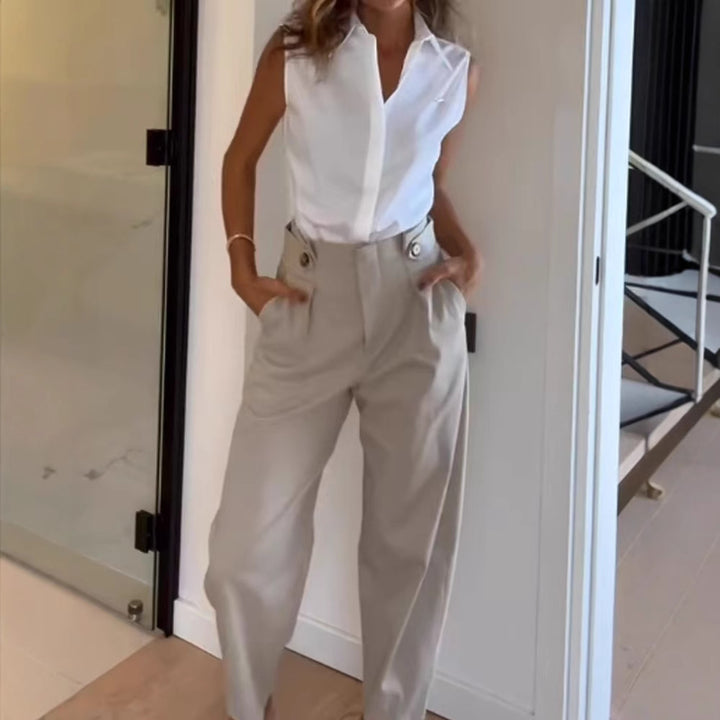 Damen Elegante Hochtaillierte Stoffhose mit Taschen Drune