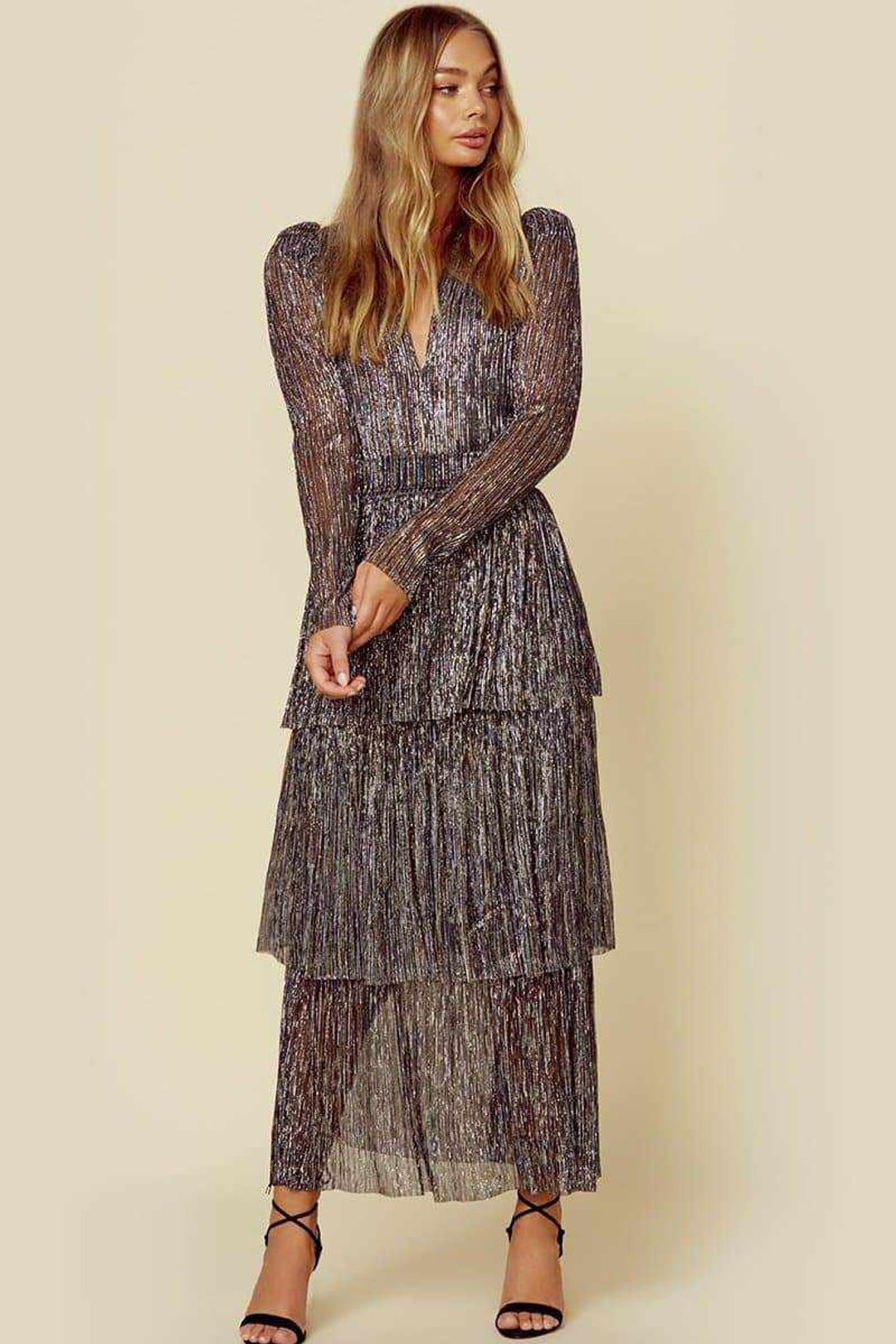 Damen Glamouröses Abendkleid mit schillernden Lagen und V-Ausschnitt Drune