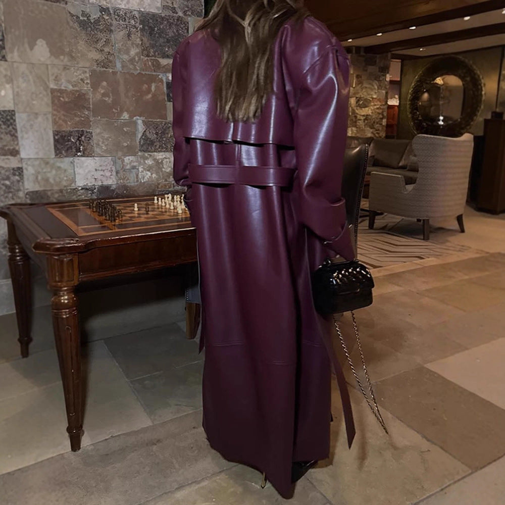 Damen elegante Kunstlederjacke mit voluminösen Ärmeln und Taillengürtel Drune
