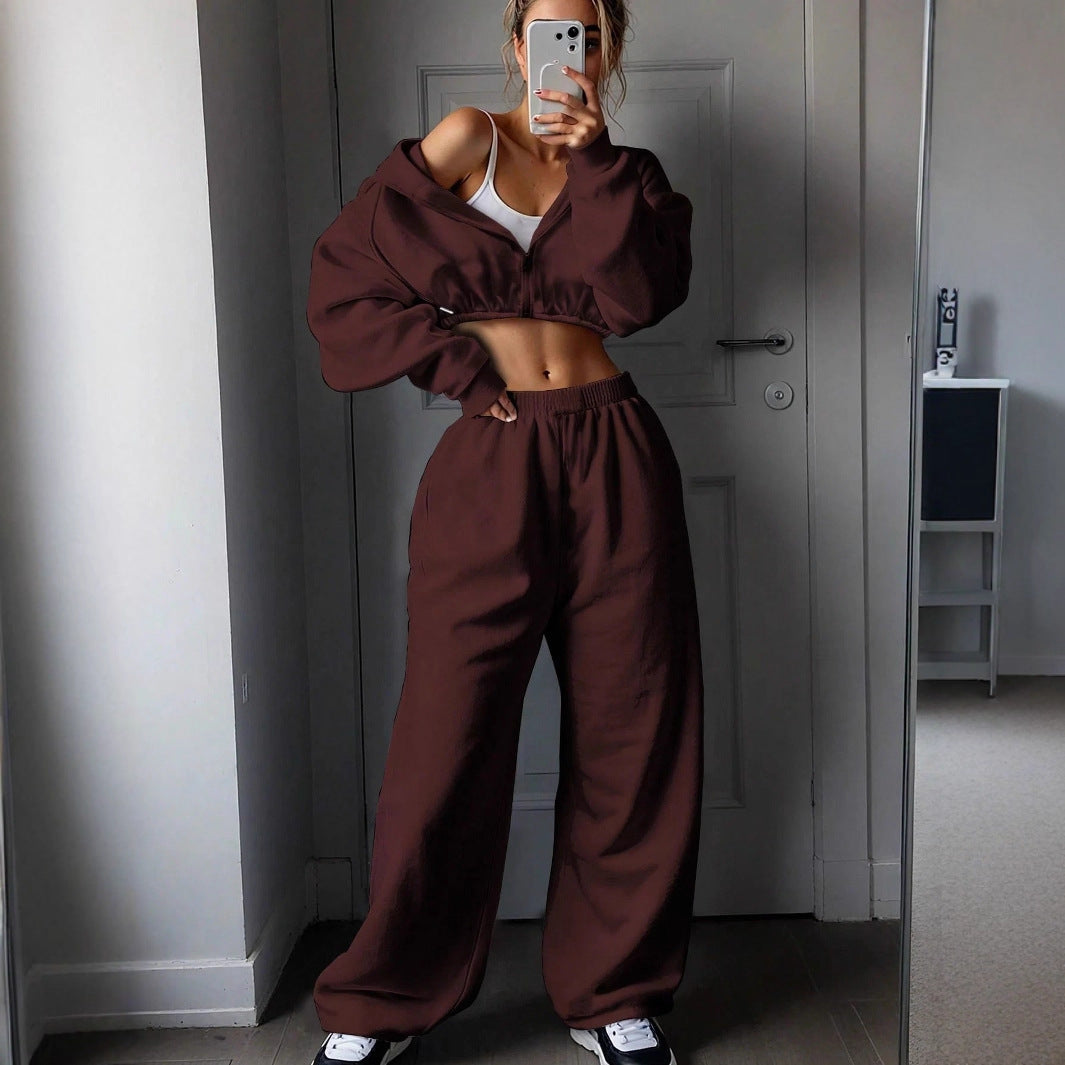 Damen nan kurzes Zip-Hoodie Cropped Sweatshirt mit Kordelzug, angesetzten Ballonärmeln und elastischem Saum Drune