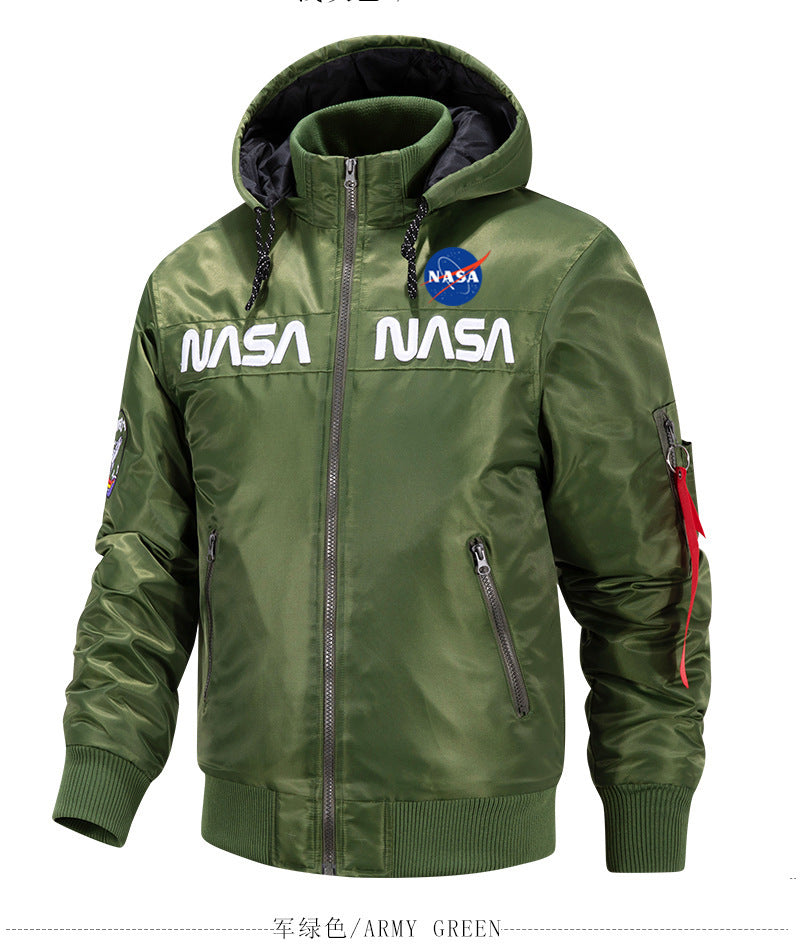Herren  glänzende Luft- und Raumfahrt Emblem Kapuzenjacke mit Reißverschluss vorne Bomberjacke Drune