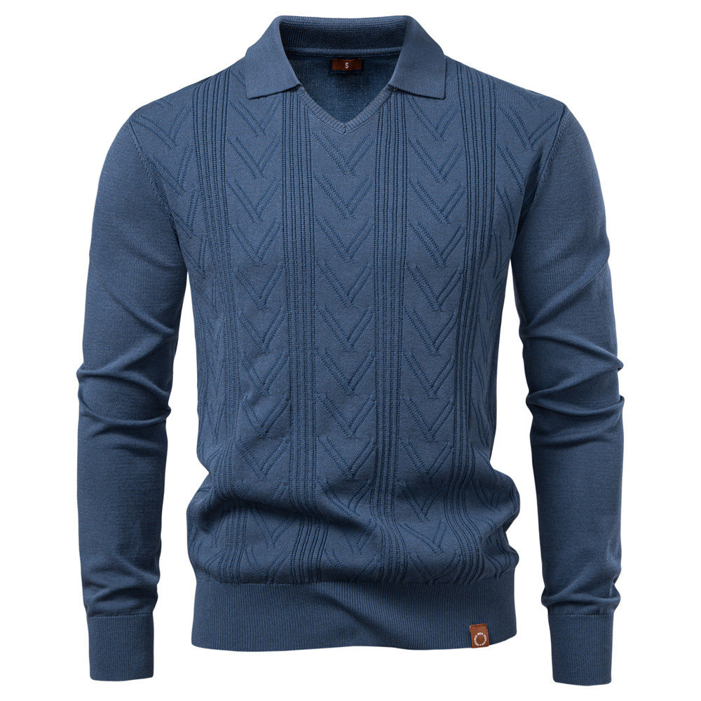 Herren nan feiner Strick-Polopullover mit V-Ausschnitt, Zickzackstruktur und Kentkragen Drune