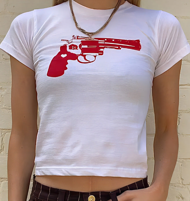 Damen Crop-T-Shirt mit kreativem Motiv und figurbetontem Schnitt Drune