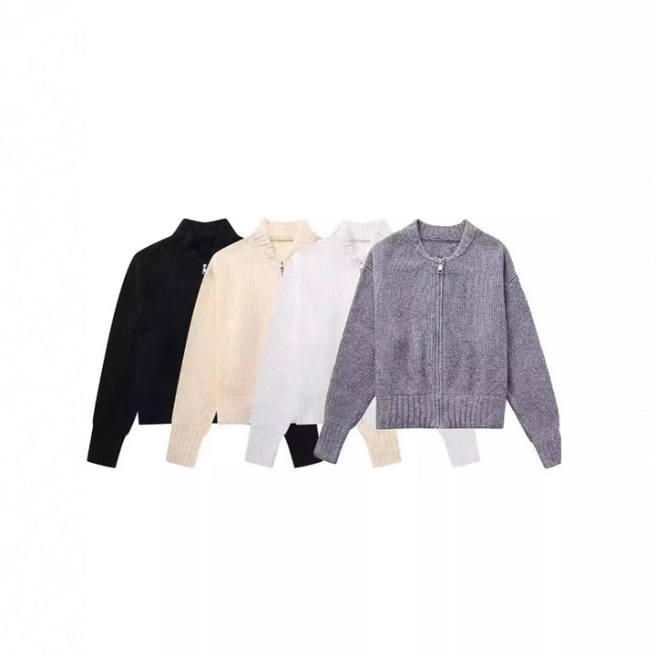 Damen moderne Strickjacke mit voluminösen Ärmeln und Reißverschluss Drune
