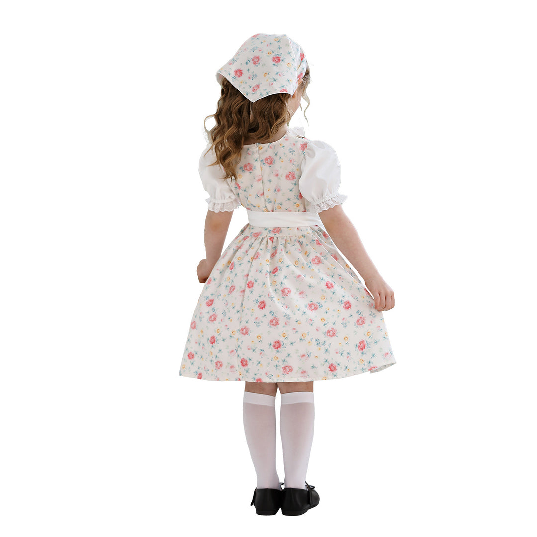 Damen nan traditionelles Dirndlkleid für Mädchen mit bestickter Schürze, Rüschenkragen und passendem Kopftuch Drune