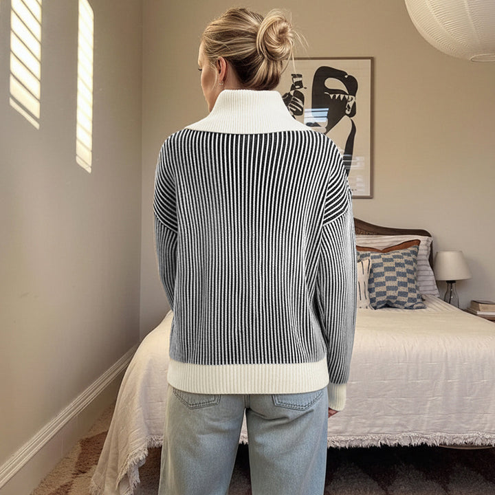 Damen Pullover mit modischem Streifenmuster und elegantem Kragen Drune
