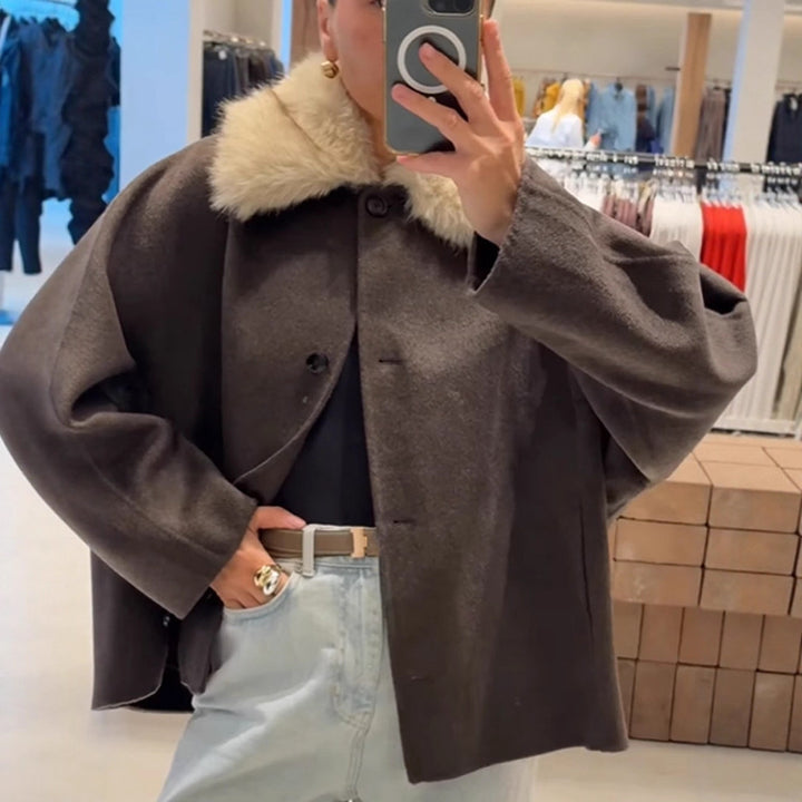 Damen elegante Oversized-Jacke mit Sherpa-Kragen Drune