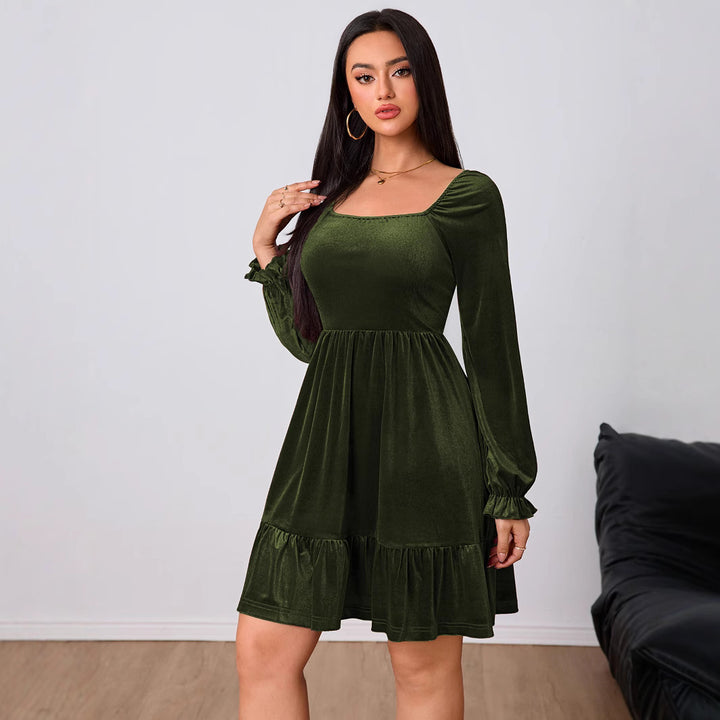Damen Samt Minikleid mit Volant und geschmackvollen Puffärmeln Drune