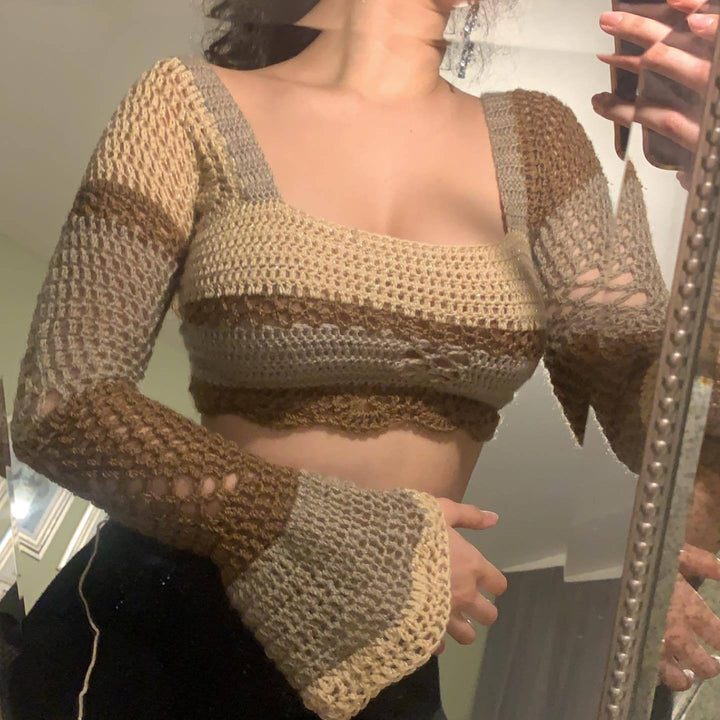 Damen gehäkeltes Crop-Top mit langen Ärmeln und ausgefallenem Saum Drune
