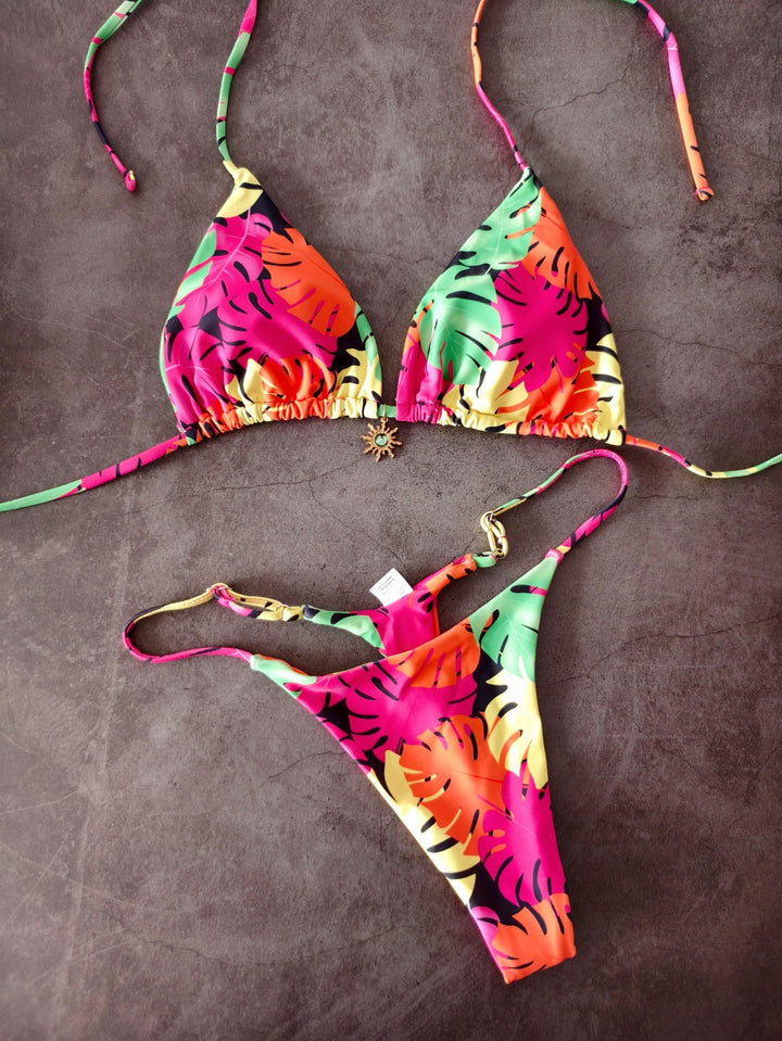 Damen Triangel-Bikini-Set mit seitlicher Schnürung und floralem Muster Drune