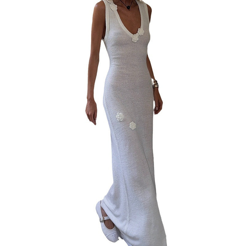 Damen Maxi-Strickkleid mit raffinierten Blumenapplikationen Drune