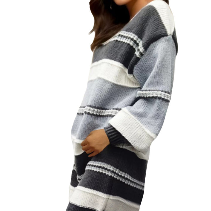 Damen Grobstrick-Kleid mit modischem Streifenmuster und weiten Ärmeln Drune