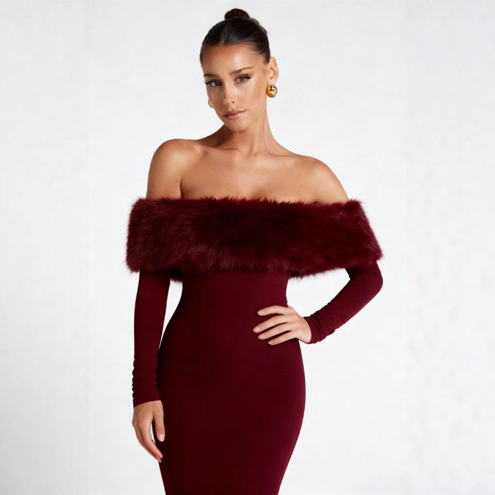 Damen Figurbetontes Kleid mit abnehmbaren Kunstfell-Akzenten Drune