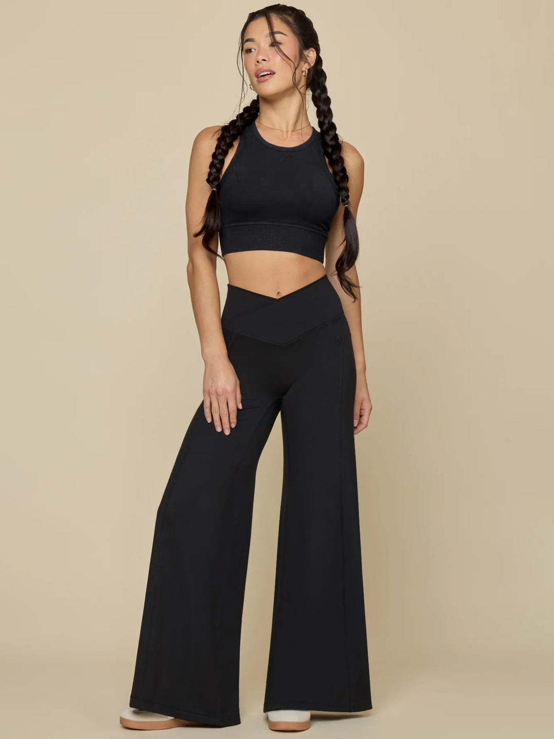 Damen elegante High-Waist Freizeithose mit weitem Bein und praktischen Taschen Drune